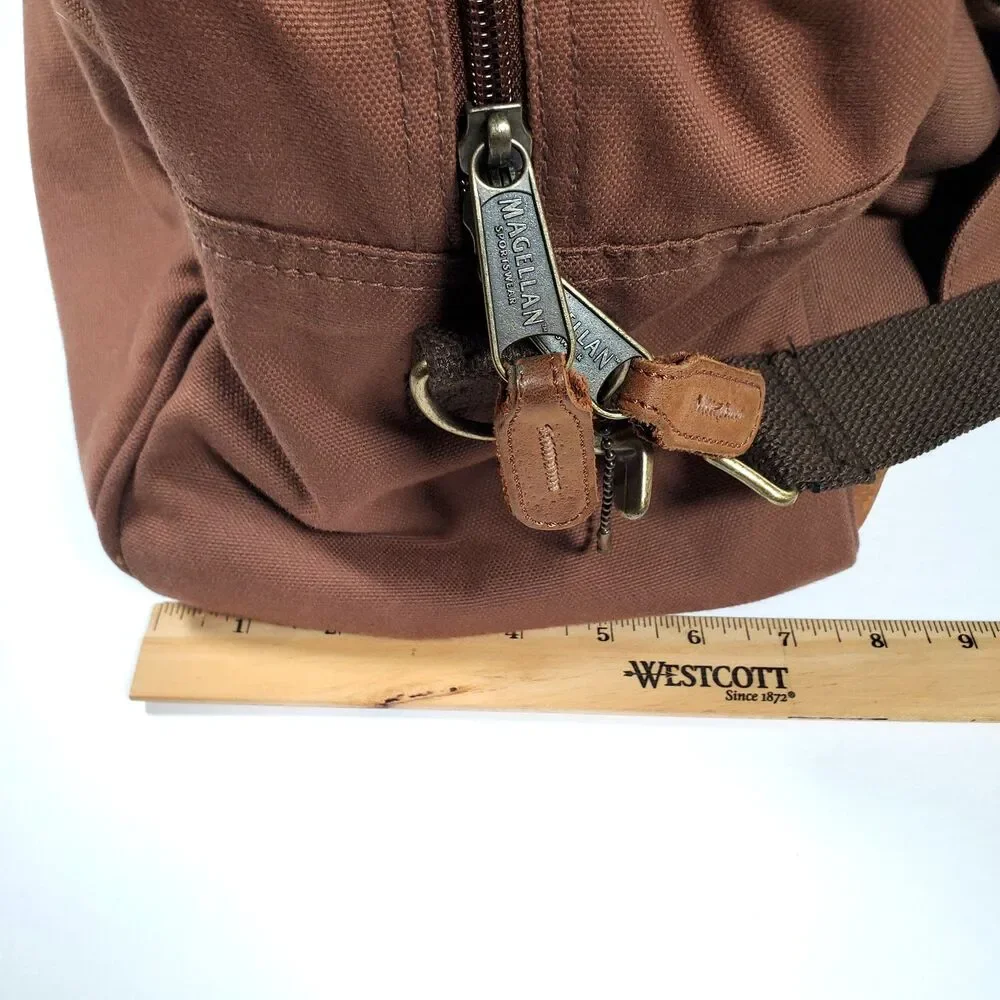 Magellan Duffle Bag Large Leather Brown Rust Red Canvas Trim Shoulder Strap